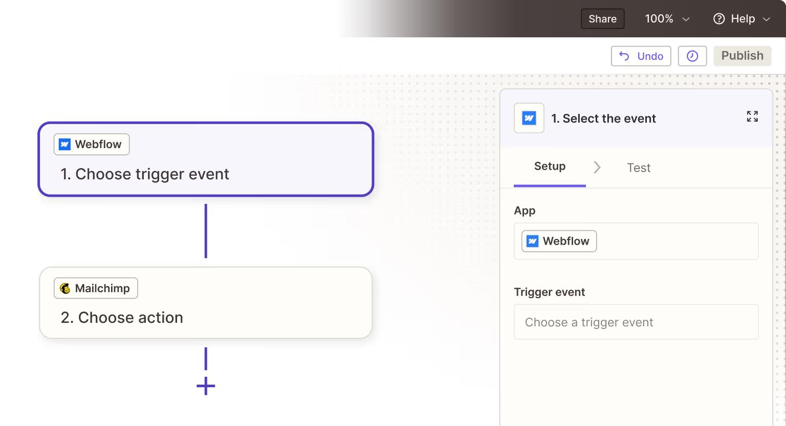 Usin Zapier UI to integrate Webflow with Mailchimp