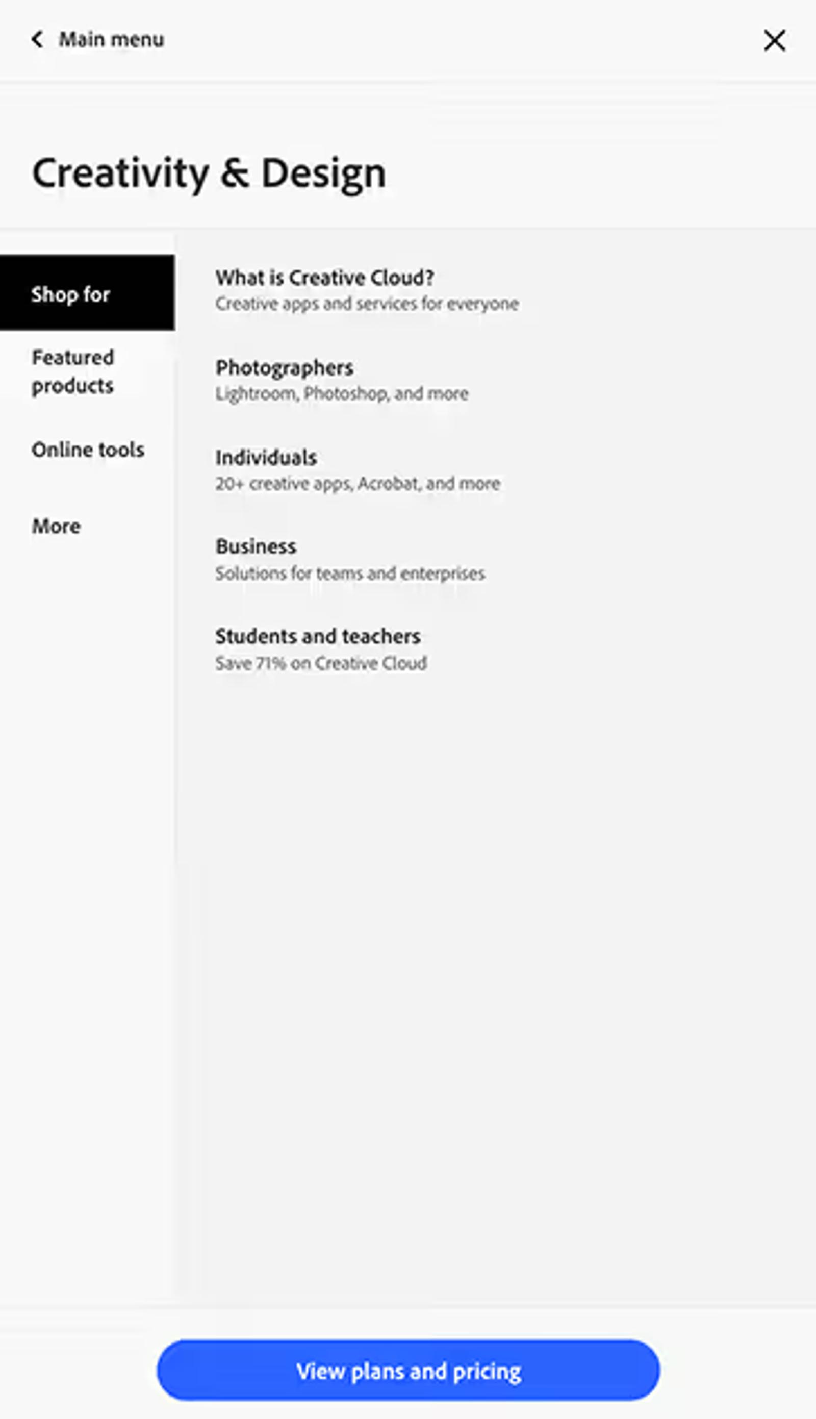 Adobe Mega Nav mobile version
