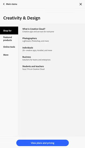 Adobe Mega Nav mobile version