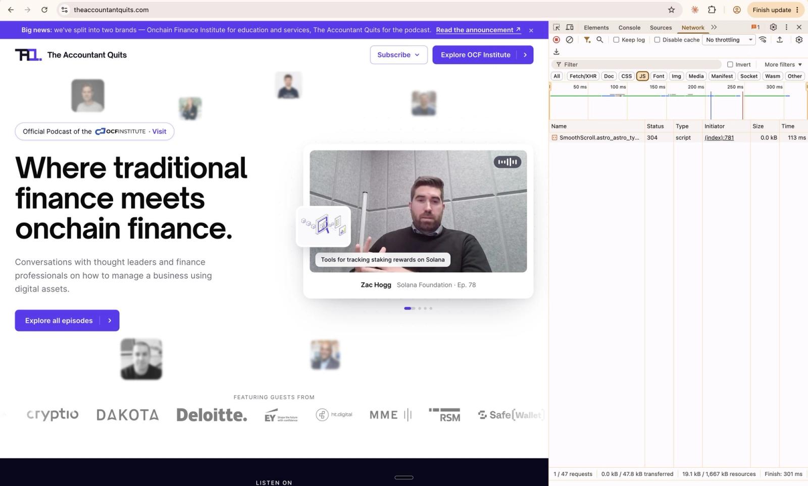Chrome DevTools Network panel on The Accountant Quits homepage, filtered to JavaScript: one script request, 19.1 kB of resources