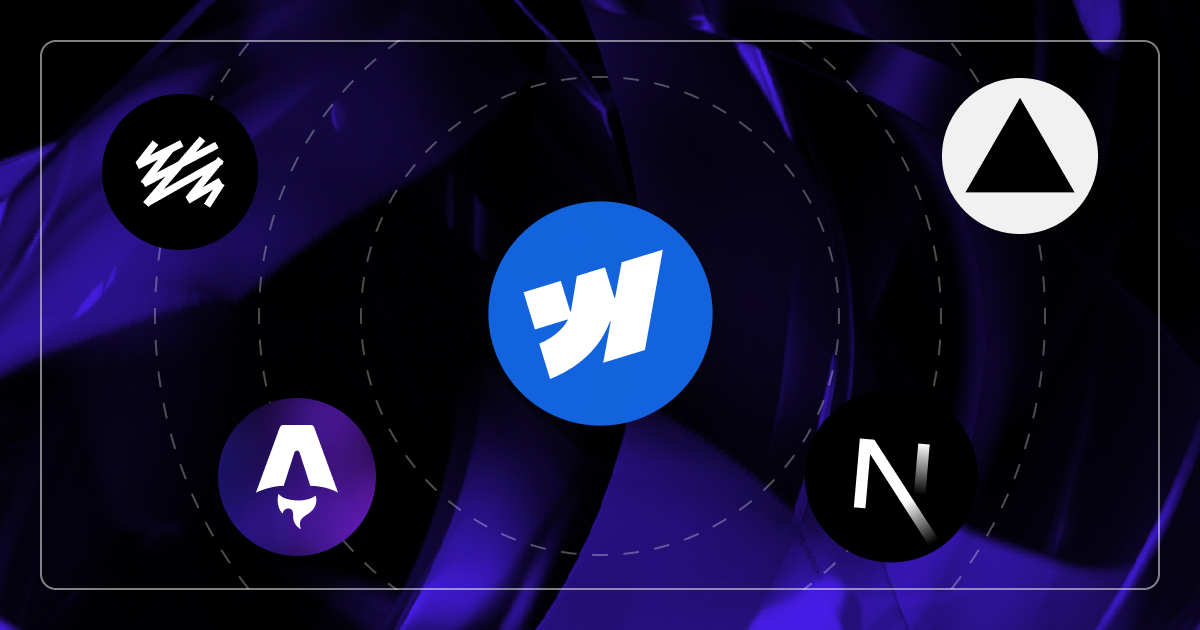 Webflow vs custom code — logos for Webflow, Next.js, Vercel, Sanity, and Astro