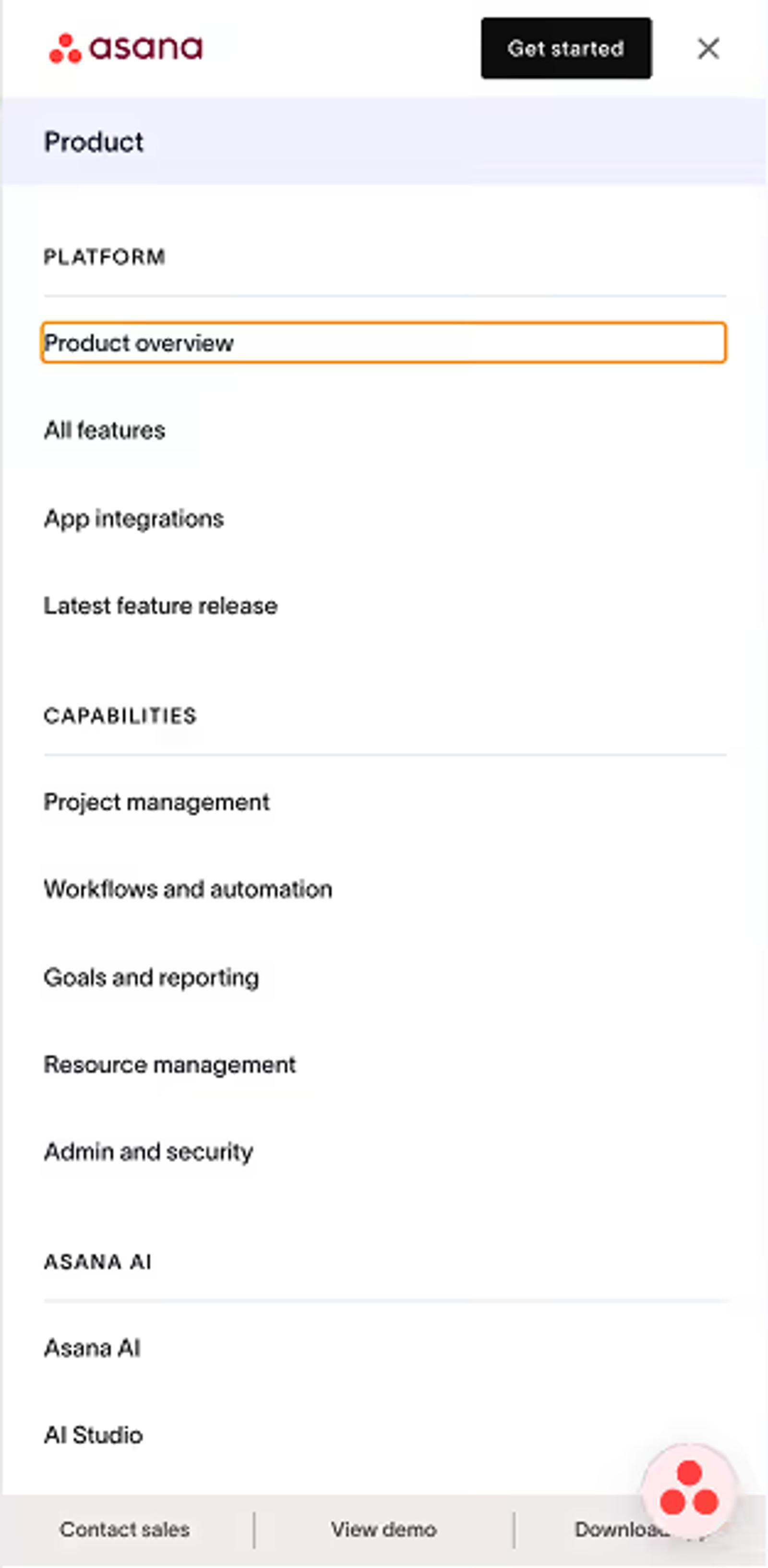 Asana Mega Menu Mobile Version