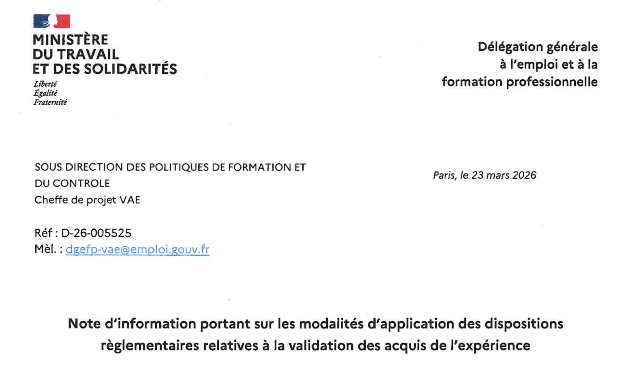 Note d'information DGEFP du 23 mars 2026 : ce qui change concrètement pour votre VAE