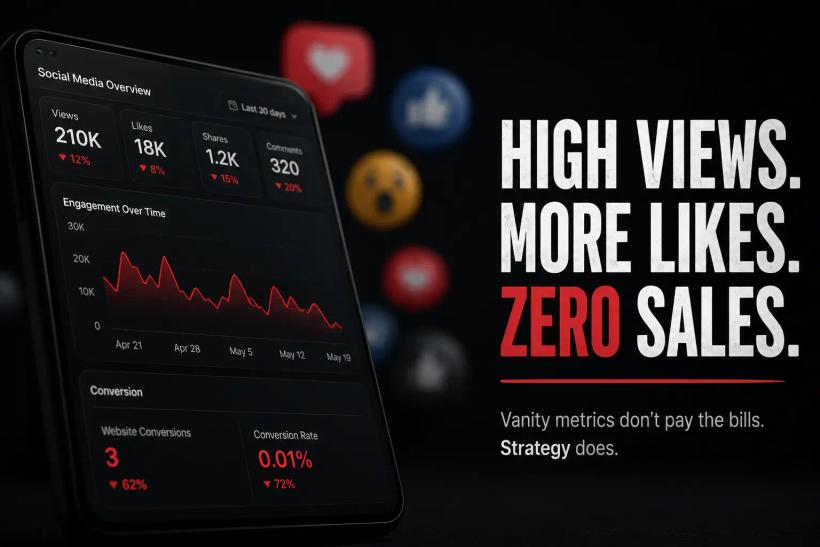 Social media dashboard showing high engagement but low business conversion results