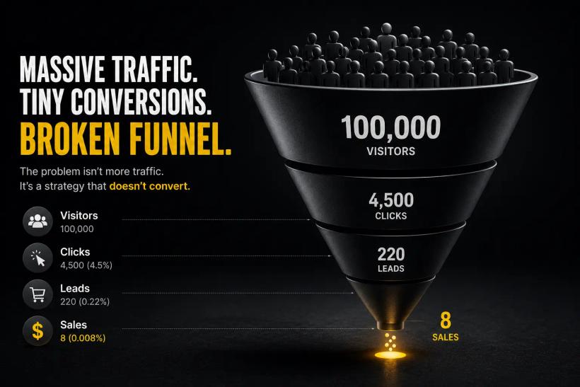 Marketing funnel illustration showing poor conversion despite high traffic