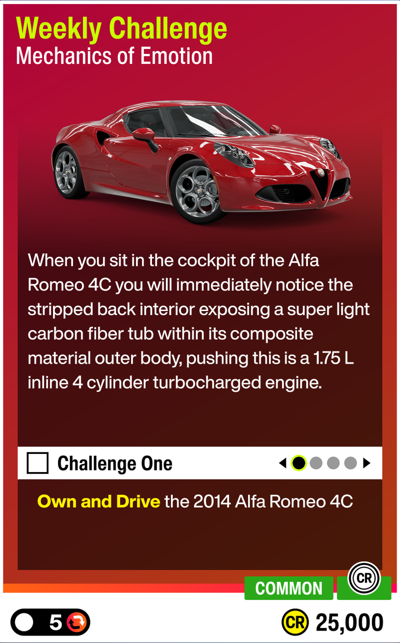 Weekly Challenge with the 2014 Alfa Romeo 4C for 25,000 CR