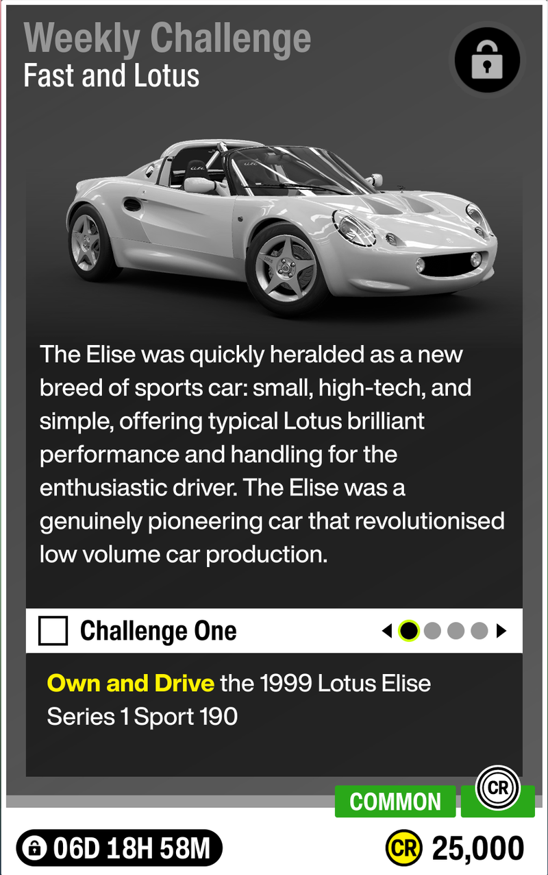 Weekly Challenge with the Lotus Elise '99 for 25,000 CR