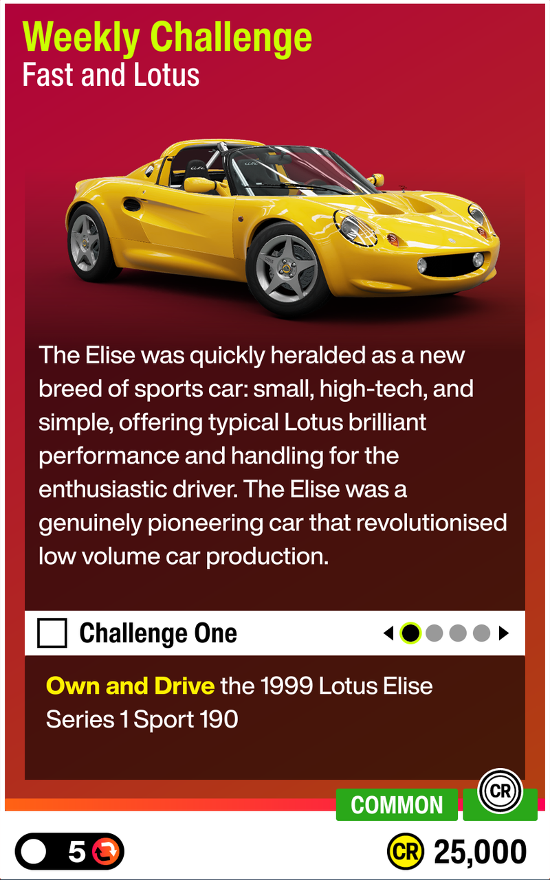 Weekly Challenge with the Lotus Elise '99 for 25,000 CR