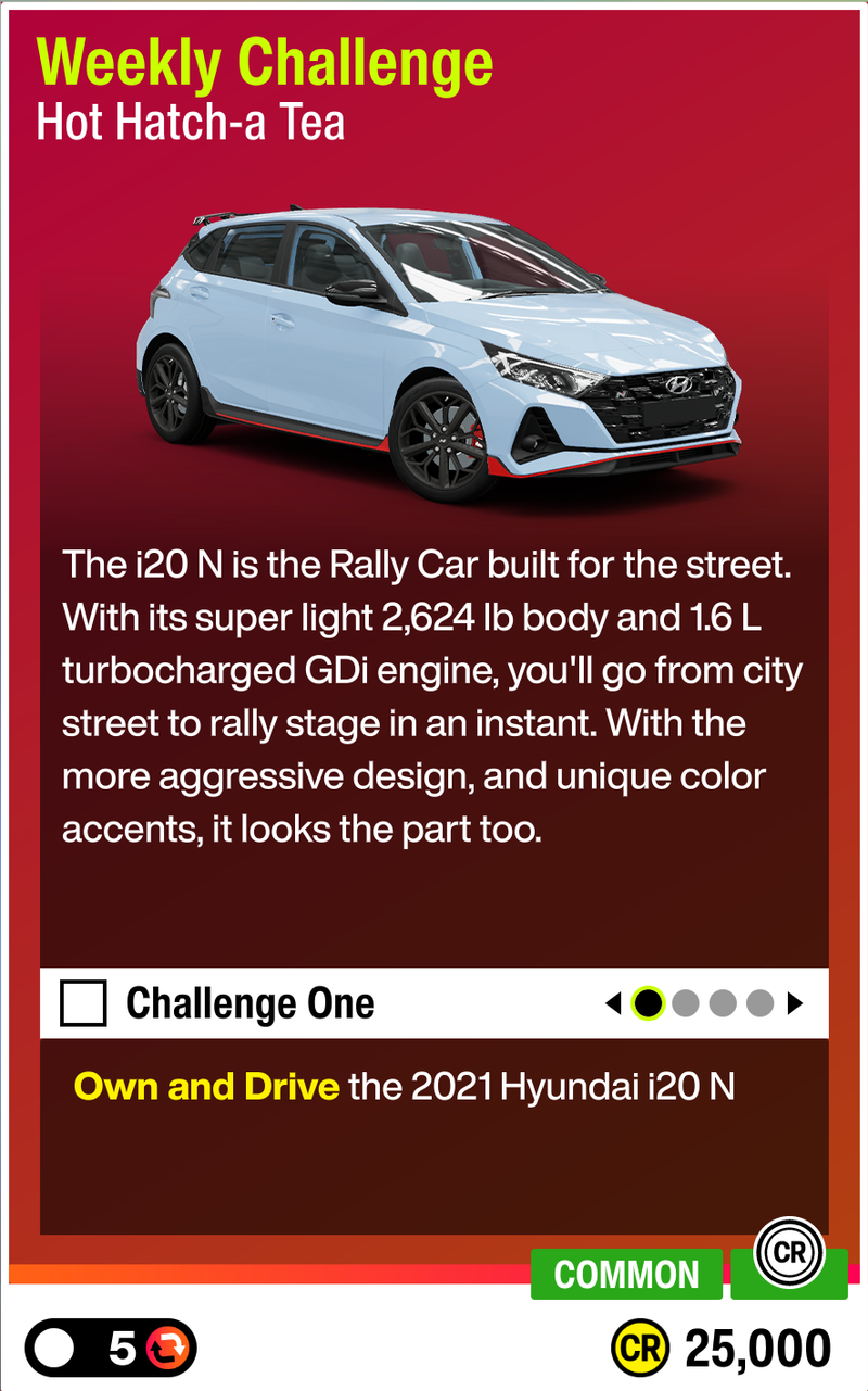 Weekly Challenge with the Hyundai i20 N '21 to earn 25,000 CR