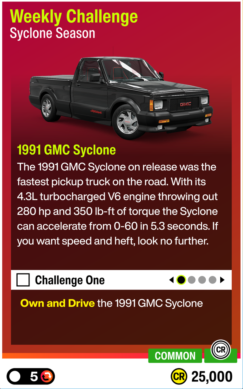 Weekly Challenge with the 1991 GMC Syclone to earn 25,000 CR