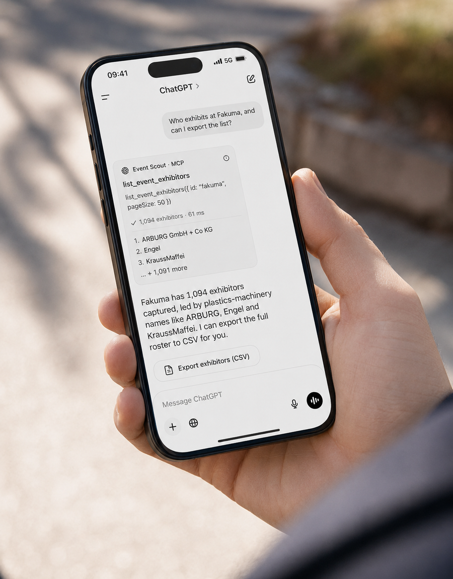 A person holding a phone with an AI chat open, asking Event Scout a trade-show question