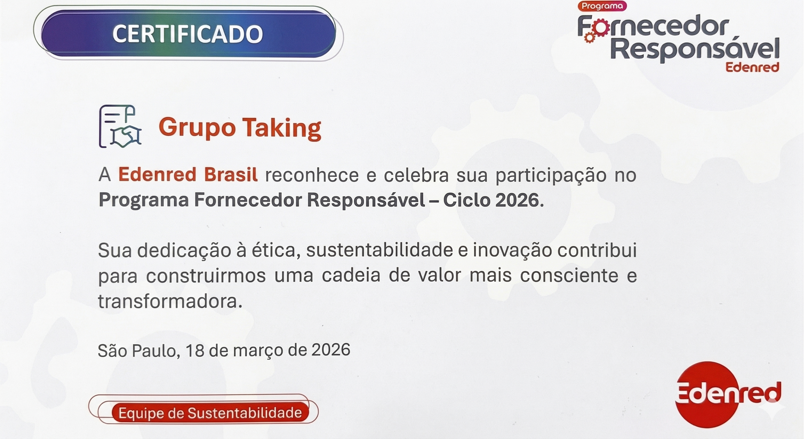 Reconhecimento de Parceria Responsável: Edenred + Taking