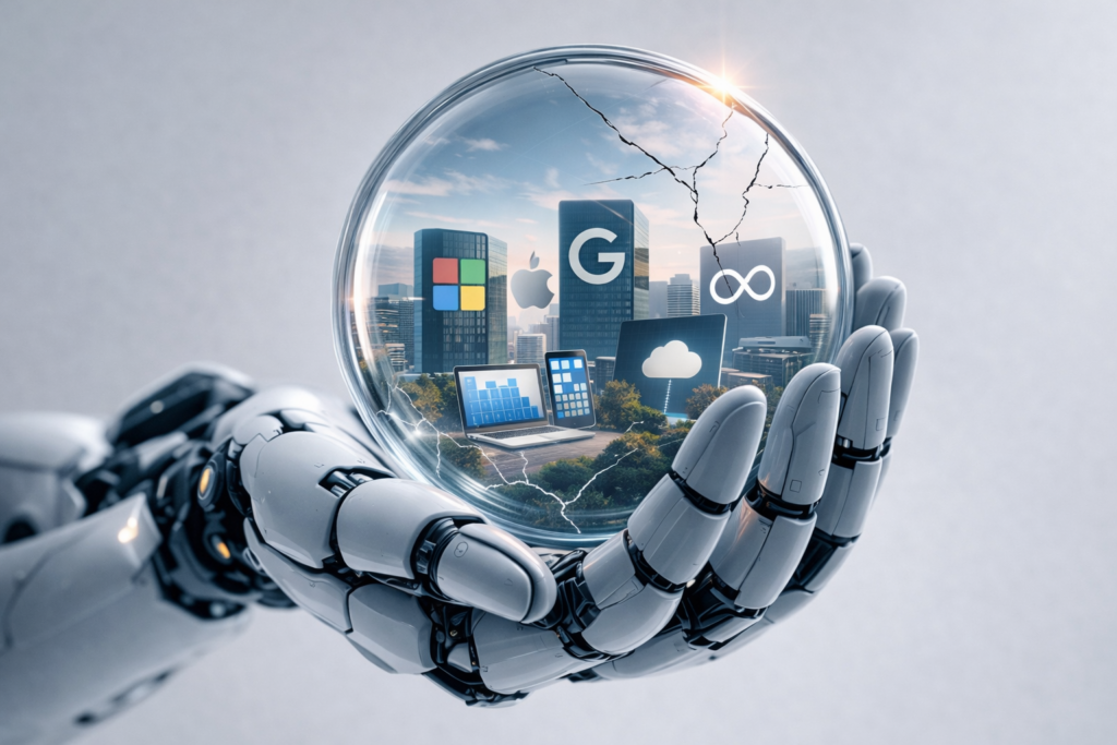Braço robótico futurista segurando uma esfera de cristal que contém uma cidade tecnológica com logotipos de grandes empresas de tech (Microsoft, Apple, Google e Meta). A esfera apresenta rachaduras profundas, simbolizando a fragilidade e os riscos em projetos de inteligência artificial.
