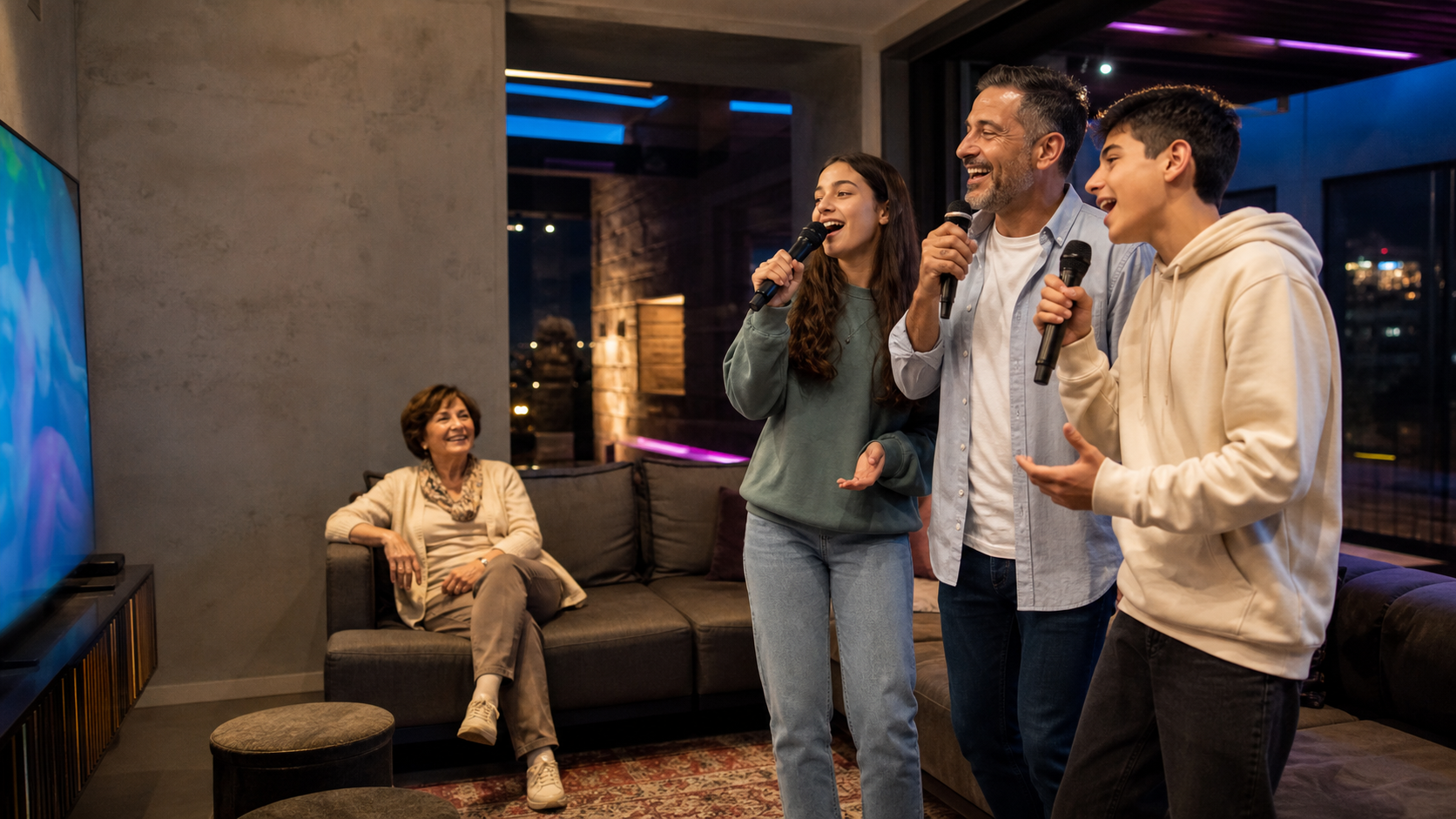 משפחה שרה יחד בקריוקי בחדר פרטי