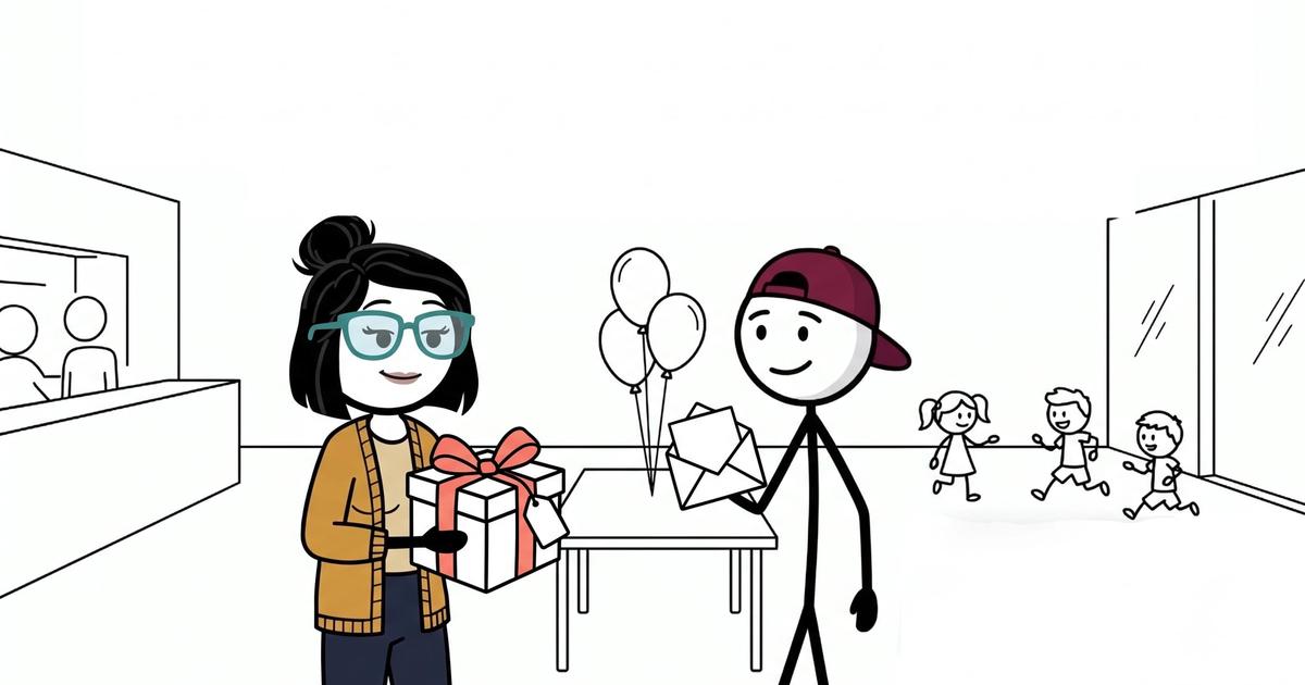 Stick figure parents reviewing a wrapped birthday gift and money card envelope in a party hall, illustrating kids party gifting etiquette.