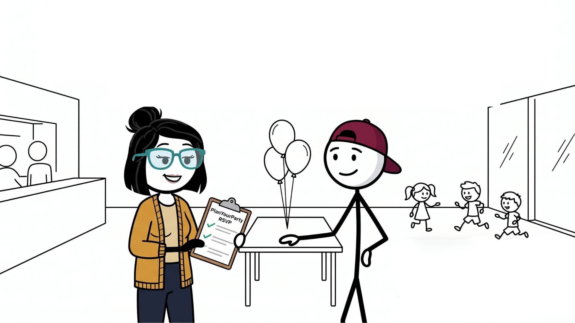 Illustration of two stick figure parents in an indoor play centre checking a PlanYourParty RSVP clipboard while kids play, with the PlanYourParty logo in the corner.