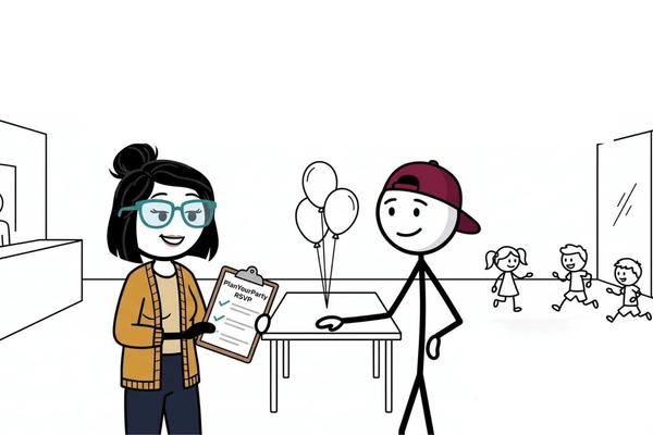Illustration of two stick figure parents in an indoor play centre checking a PlanYourParty RSVP clipboard while kids play, with the PlanYourParty logo in the corner.