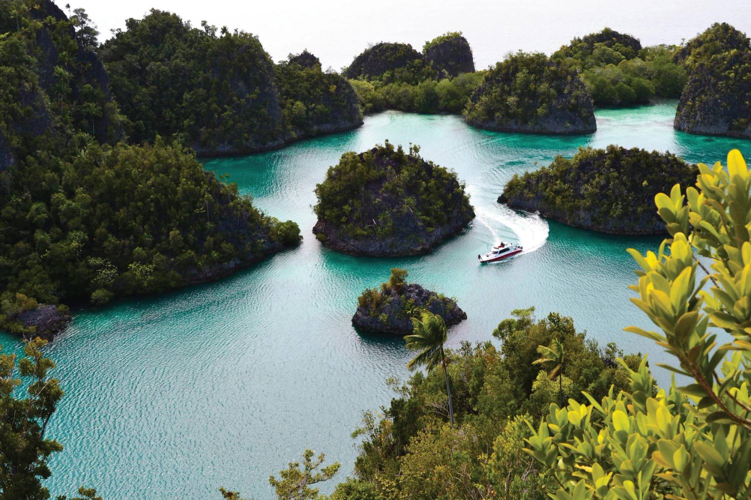 The karst islands of Raja Ampat, a boat threading turquoise lagoons