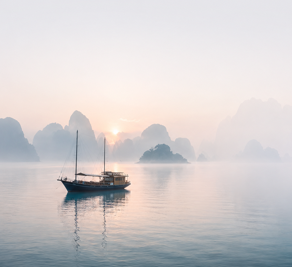 A lone rigged boat at anchor in a misty bay at sunrise, limestone karsts fading into the fog