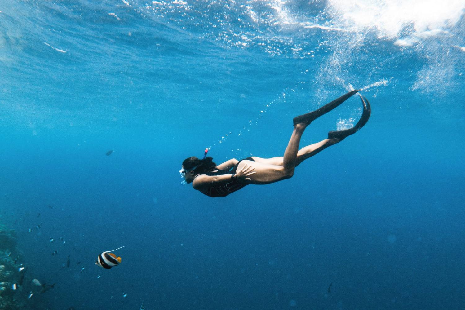 A freediver gliding over a reef in clear blue water, a bannerfish nearby