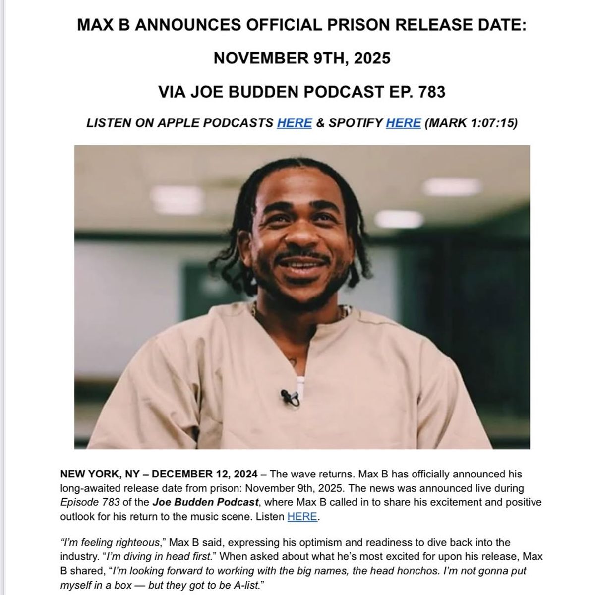 Max B Returns to the Scene on Nov 9, 2025