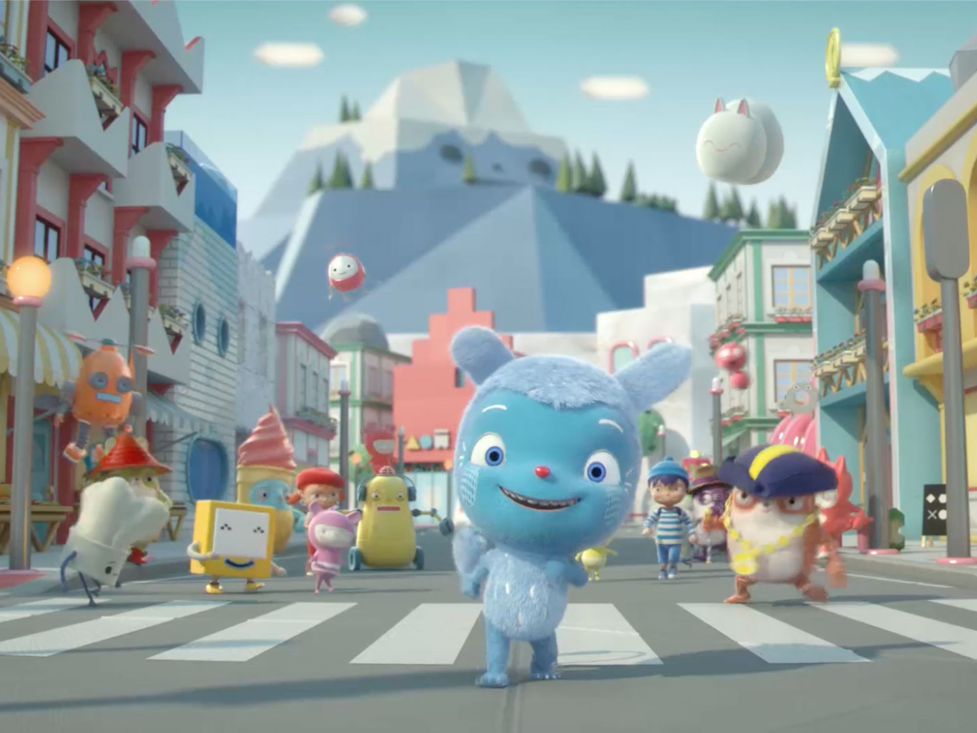 Image shows a still from the opening credits of Messy Goes To Okido. All the series characters dancing down a street in OKIDO. All music and sound by Coda to Coda.