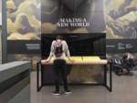 Image showing a person looking at the Armistice soundwave installation. Installation Composer and Design by Coda to Coda.