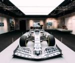 A white Formula 1 car on a raised platform at Formula 1 Exhibition. Soundscape by Coda to Coda