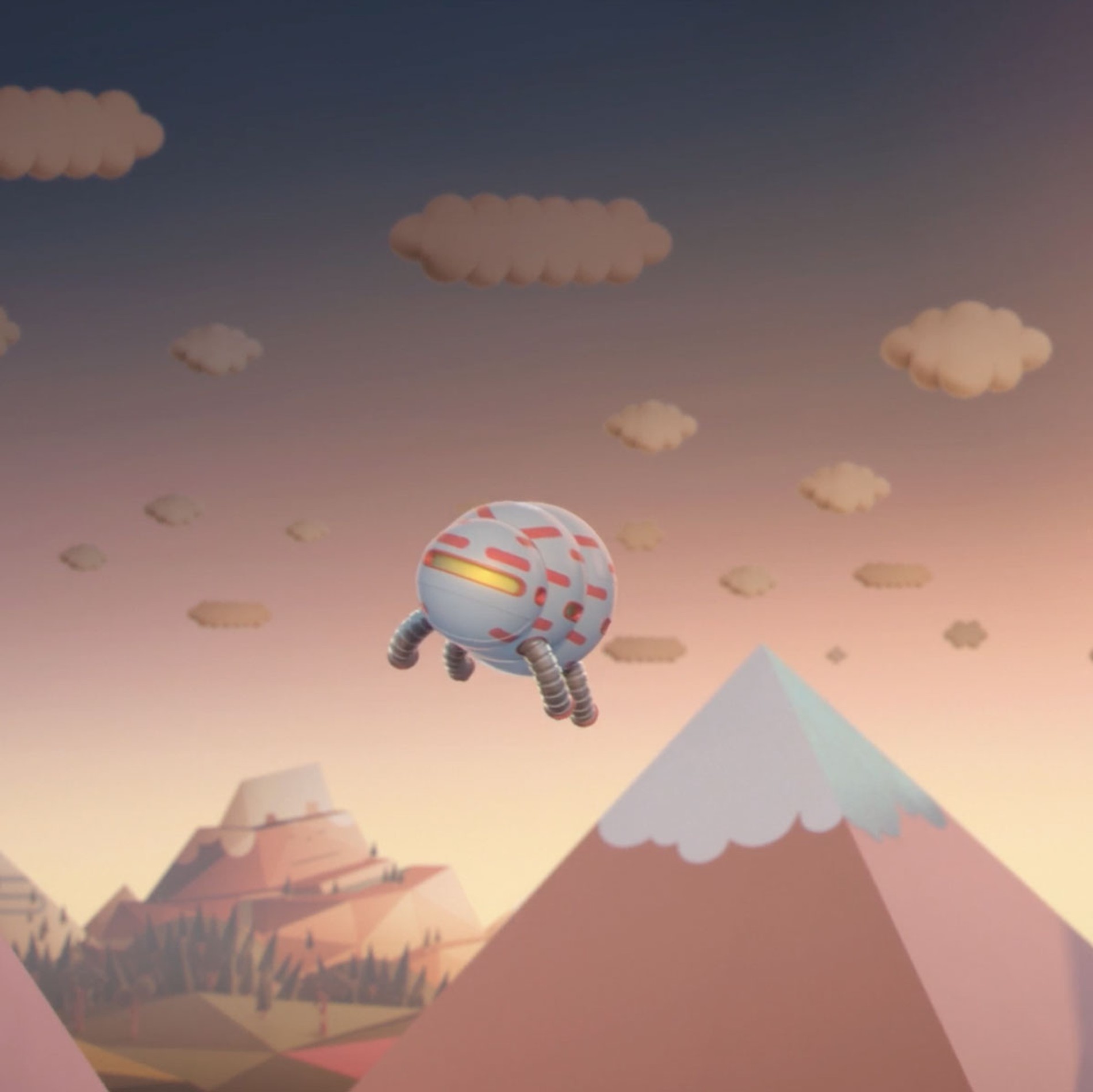 Image shows a still from Messy Goes To Okido - the Cloudship flying over mountains. All music and sound by Coda to Coda.
