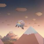 Image shows a still from Messy Goes To Okido - the Cloudship flying over mountains. All music and sound by Coda to Coda.
