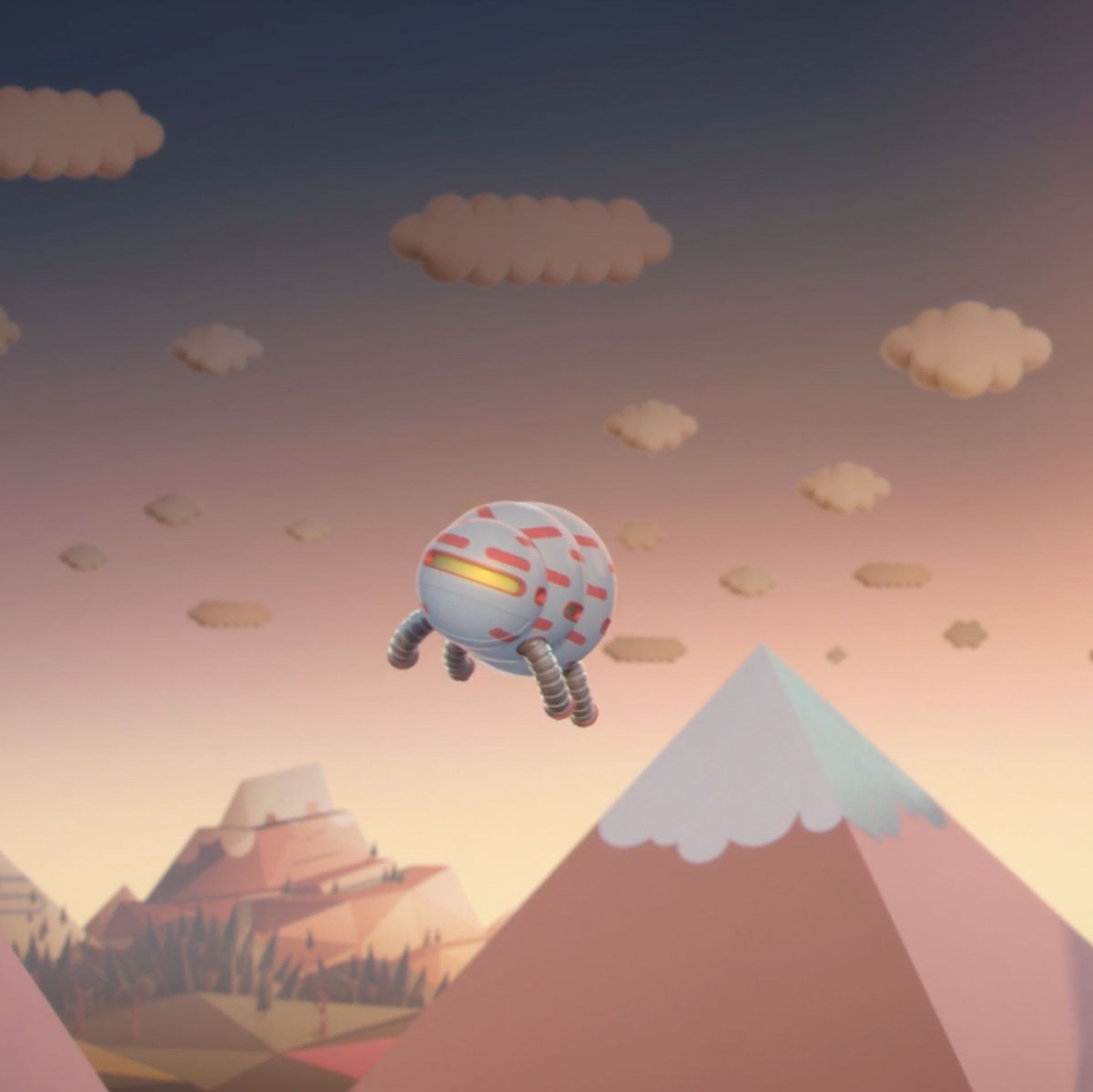 Image shows a still from Messy Goes To Okido - the Cloudship flying over mountains. All music and sound by Coda to Coda.