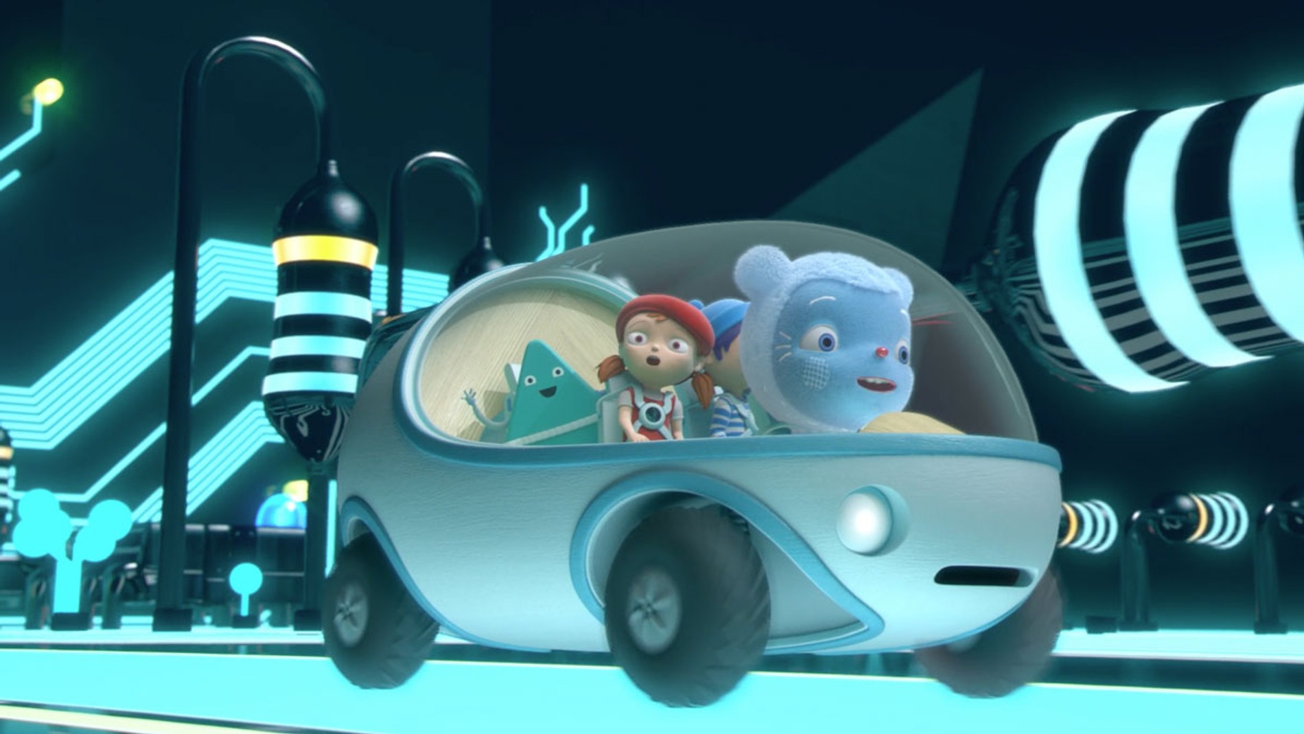 Image shows a still from Messy Goes To Okido, the episode 'Night at the Circuits'. Messy, Felix, Zoe and Zam in the Messymobile, driving around a larger than life circuitboard. the Cloudship flying over mountains. All music and sound by Coda to Coda.