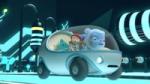 Image shows a still from Messy Goes To Okido, the episode 'Night at the Circuits'. Messy, Felix, Zoe and Zam in the Messymobile, driving around a larger than life circuitboard. the Cloudship flying over mountains. All music and sound by Coda to Coda.