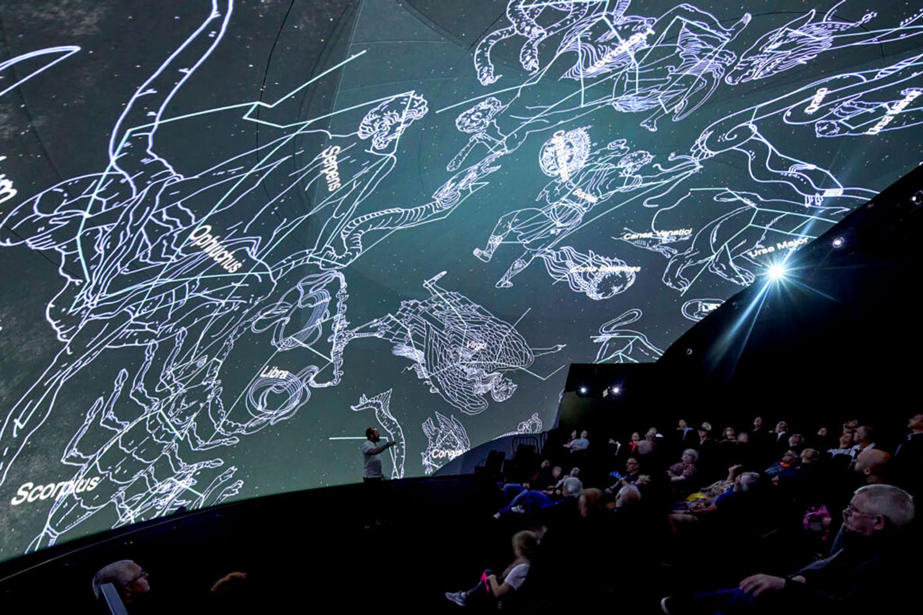 Images shows interior of The Story of Jodrell Bank at Jodrell Bank's First Light Pavilion. Soundscape and soundtracks by Coda to Coda