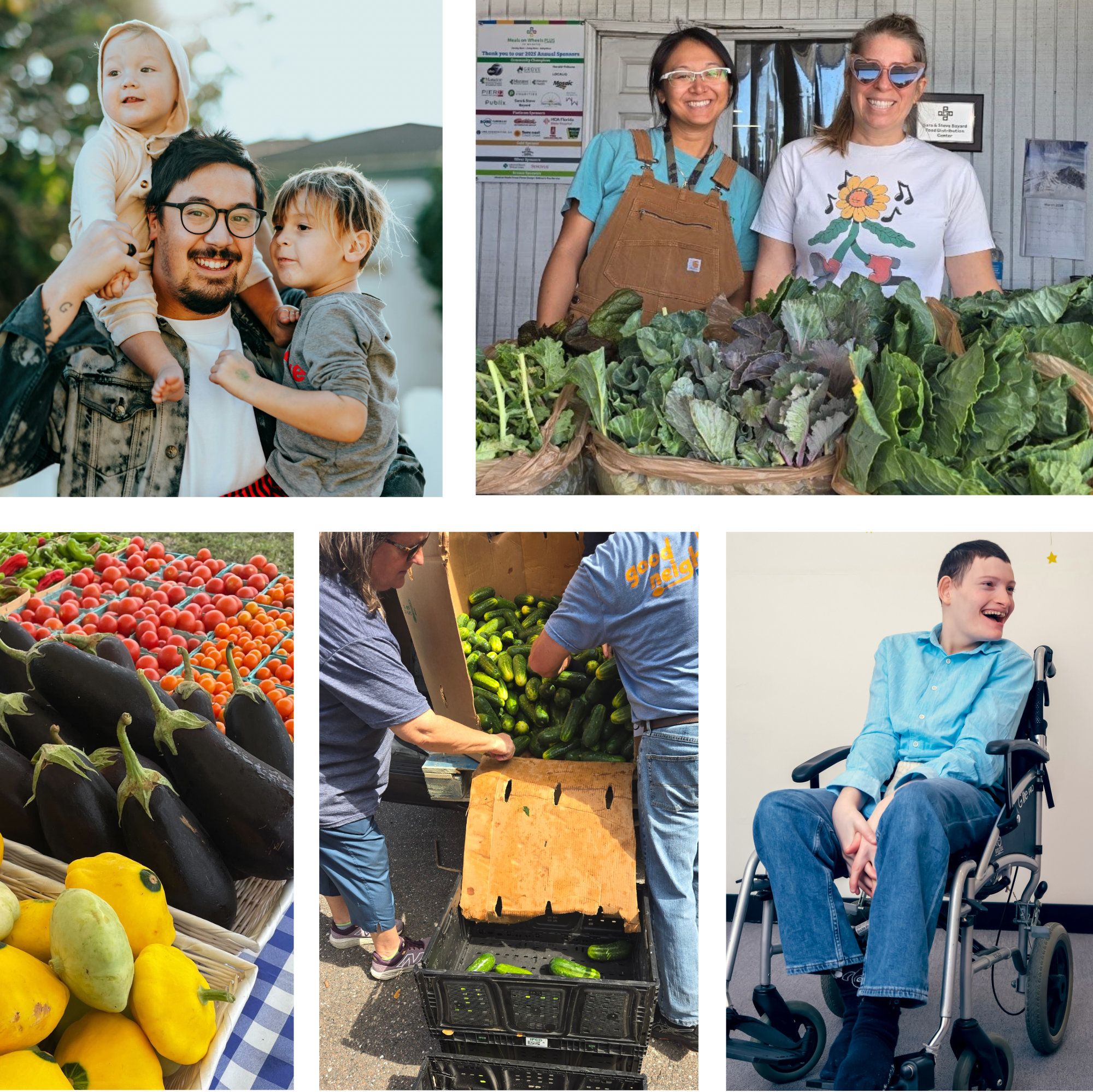 Collage of Manatee County neighbors, volunteers, and fresh produce