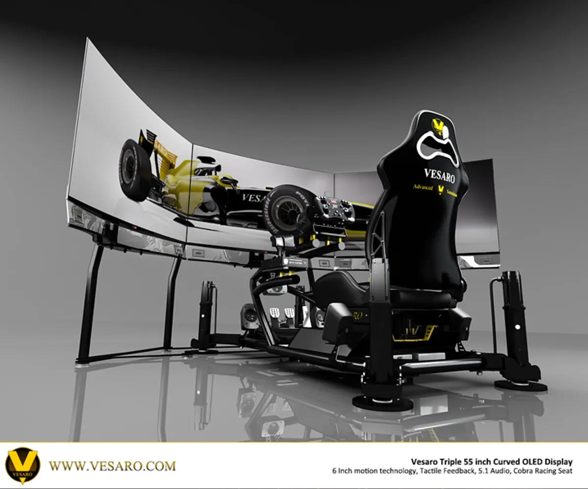 Vesaro motion simulator with a triple curved 55 inch OLED display showing a yellow F1 car and a Cobra seat