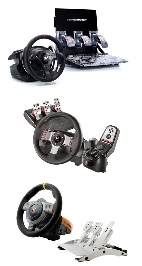 Three product shots of a Thrustmaster wheel with pedals, a Logitech G27 wheel with shifter, and a wheel with pedals on white