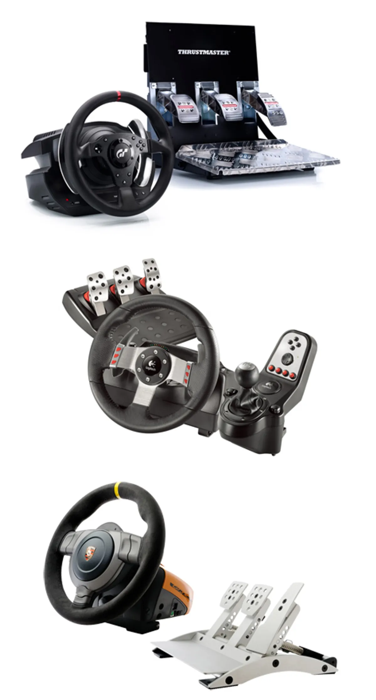 Three product shots of a Thrustmaster wheel with pedals, a Logitech G27 wheel with shifter, and a wheel with pedals on white