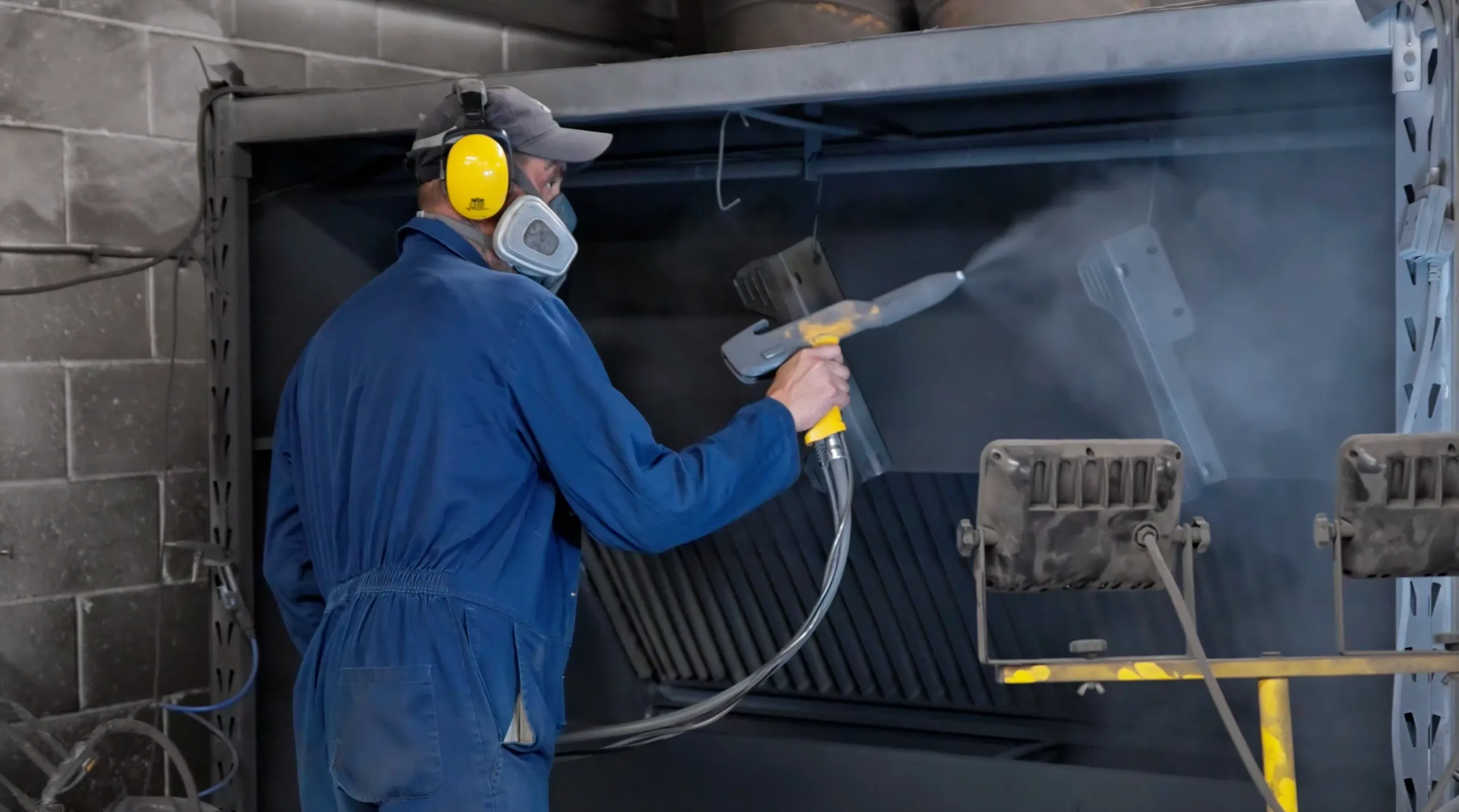 Vesaro technician powder coating simulator metalwork in the factory spray booth