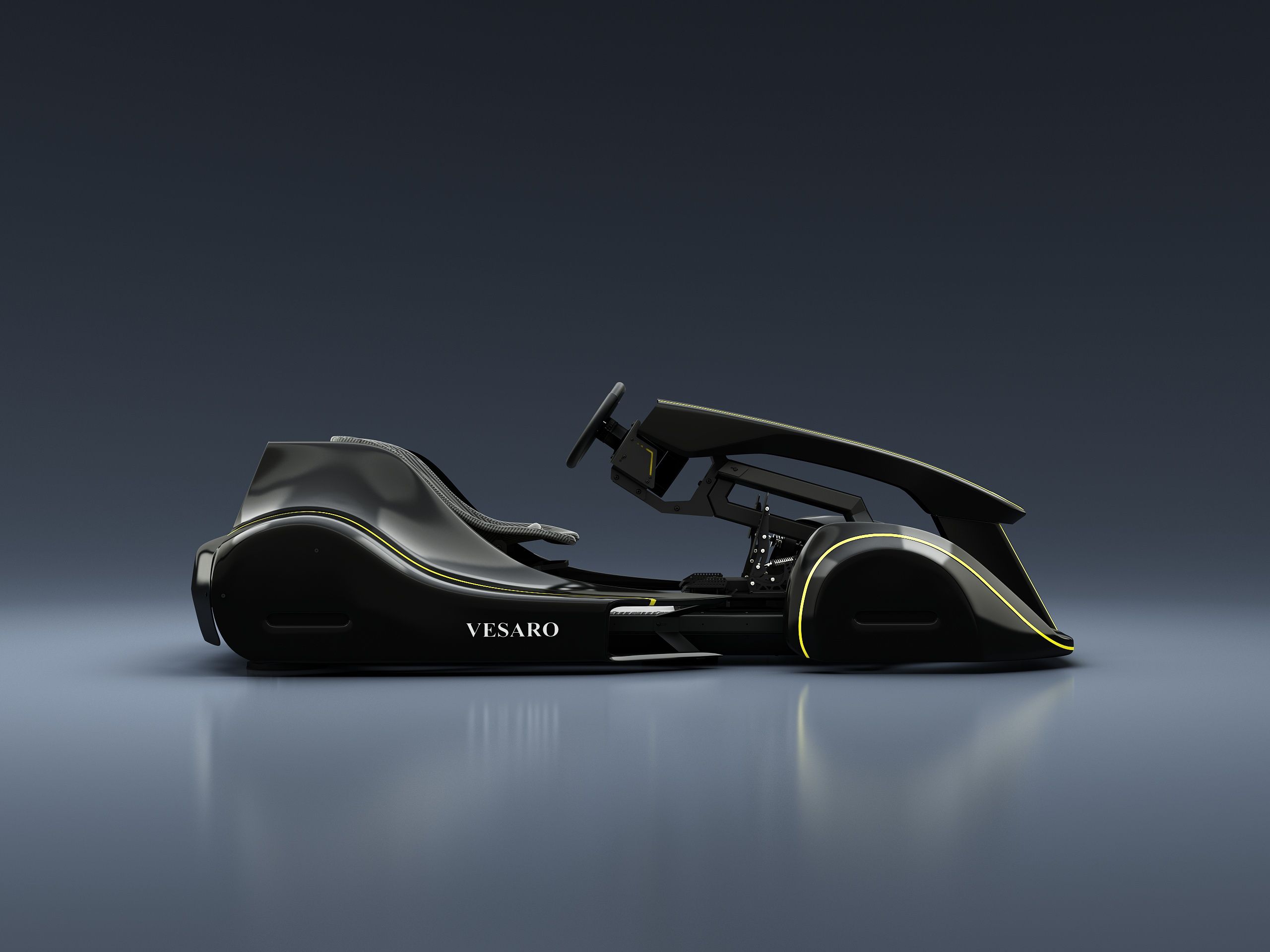 Vesaro Kart simulator in black with yellow accent lines, side profile against a dark studio backdrop