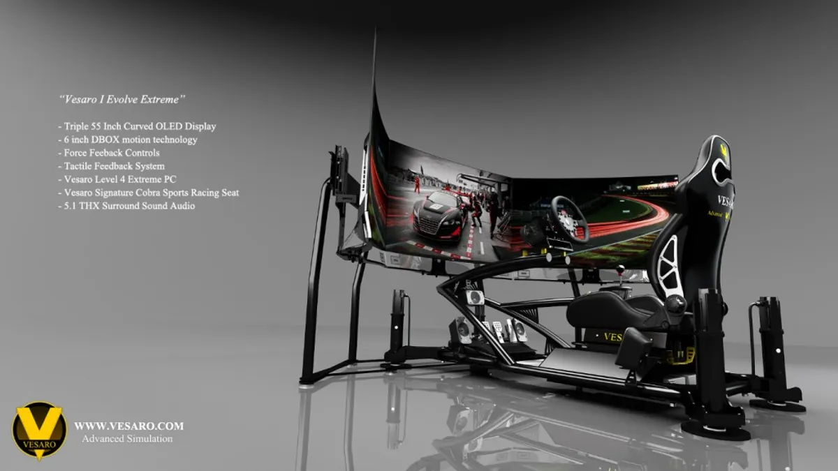 Rear three-quarter render of the Vesaro I Evolve Extreme with a triple curved display and motion base
