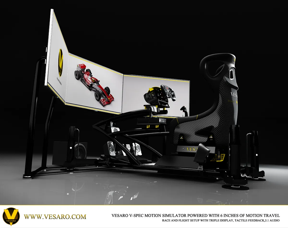 Vesaro V-Spec motion simulator with triple screens showing a red F1 car, side view, captioned six inches of motion travel