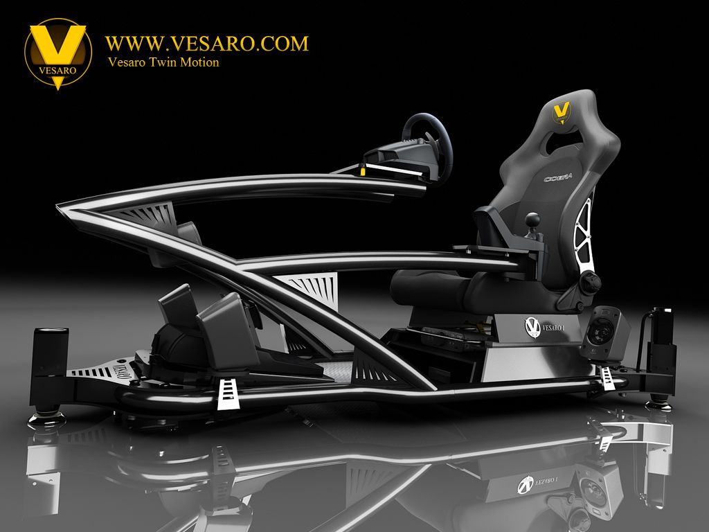 Vesaro Twin Motion simulator with sweeping tubular frame, wheel and grey seat on a black reflective floor