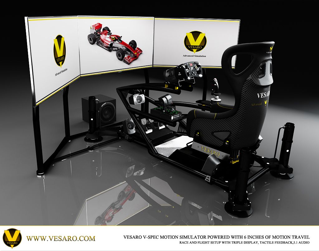 Vesaro V-Spec motion simulator front three-quarter with triple screens, Cobra seat and flight controls