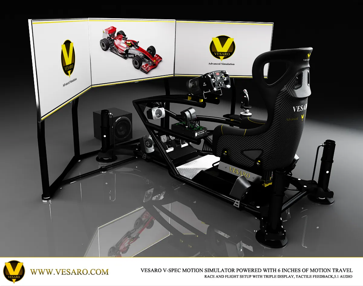 Vesaro V-Spec motion simulator front three-quarter with triple screens, Cobra seat and flight controls