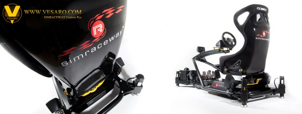 Two views of a Simraceway-branded full motion simulator: a black motion base close up and the whole rig with a seat and wheel