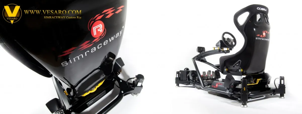Two views of a Simraceway-branded full motion simulator: a black motion base close up and the whole rig with a seat and wheel