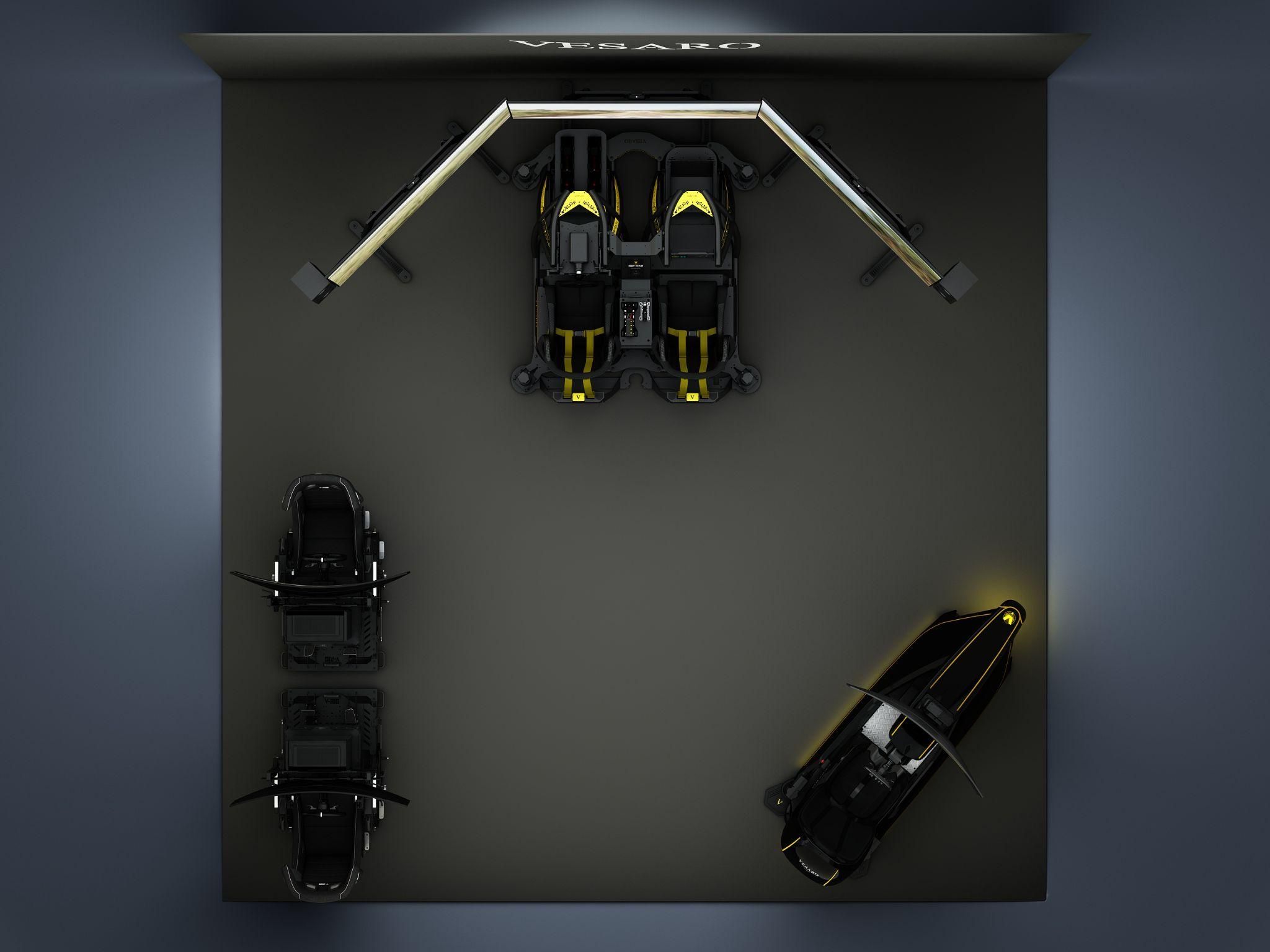 Top-down render of the stand layout with the Rally, V-Zero and two V-RIGs