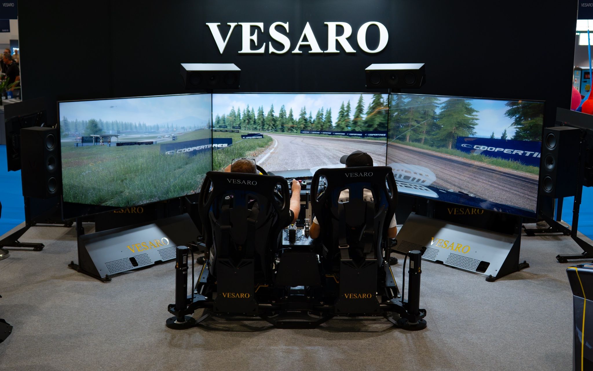 Two people in the two-seat Vesaro Rally simulator in front of its triple screens on the IAAPA stand