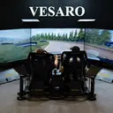Two people in the two-seat Vesaro Rally simulator in front of its triple screens on the IAAPA stand